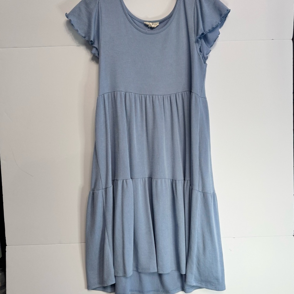 Blue Ribbed Tiered Flutter Sleeve Dress Size M
